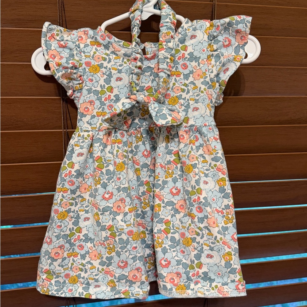 Floral Cotton Girls' Dress with Bow and Bloomers - Pink & Blue floral design